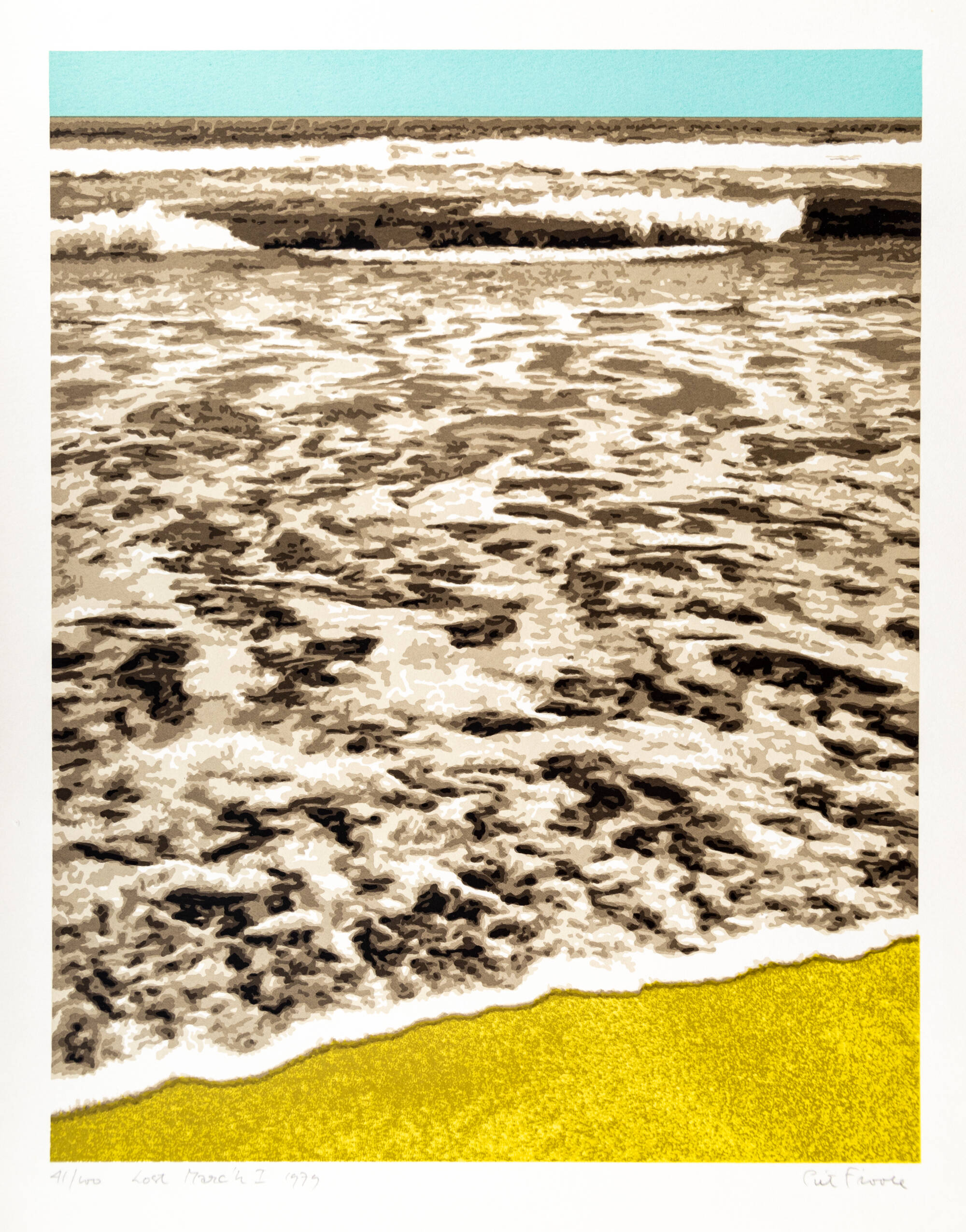Print of waves of water coming up on a sandy beach. Entire print is done in shades of blue, brown, and yellow.